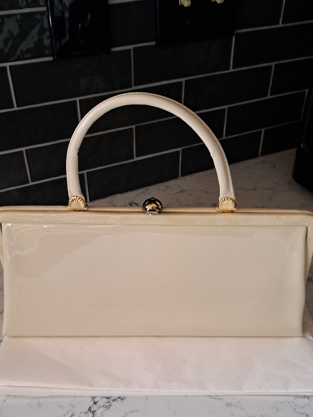 Cream Patent Top-Handle Clutch with Gold-Tone Accents